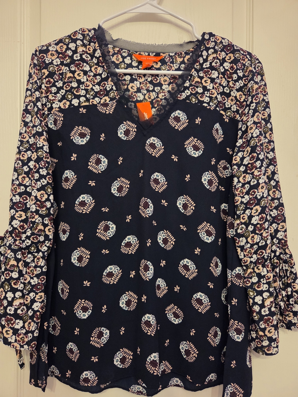 Joe Fresh Black Floral Mixed-Pattern V-Neck Blouse